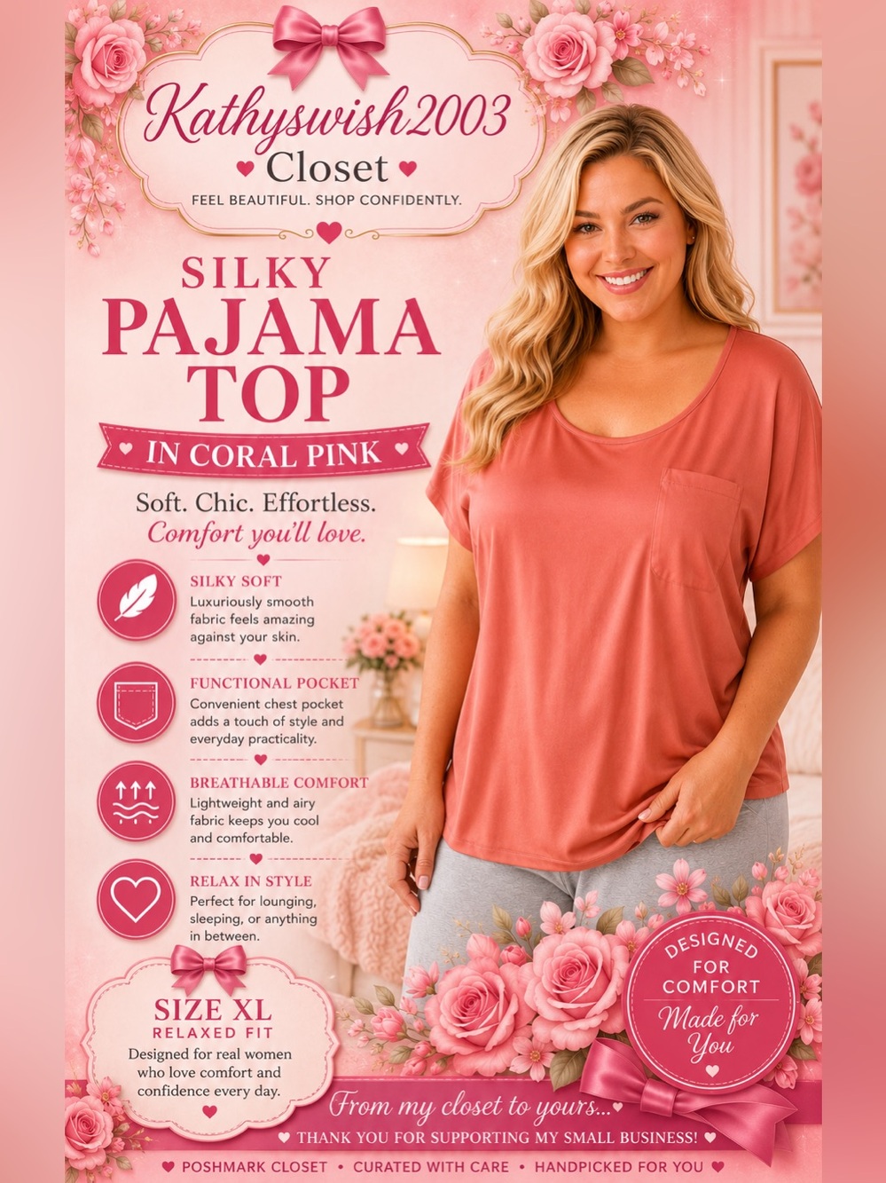 Women's NWT State of Day Silky Pajama Top in Coral Pink size XL